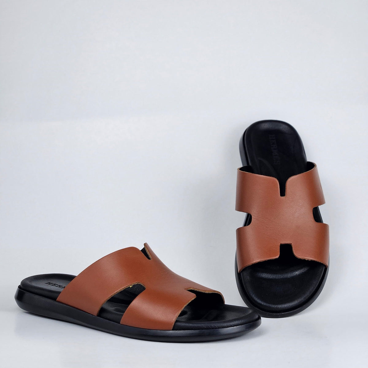 027 sandale confort en cuir homme marron tabac