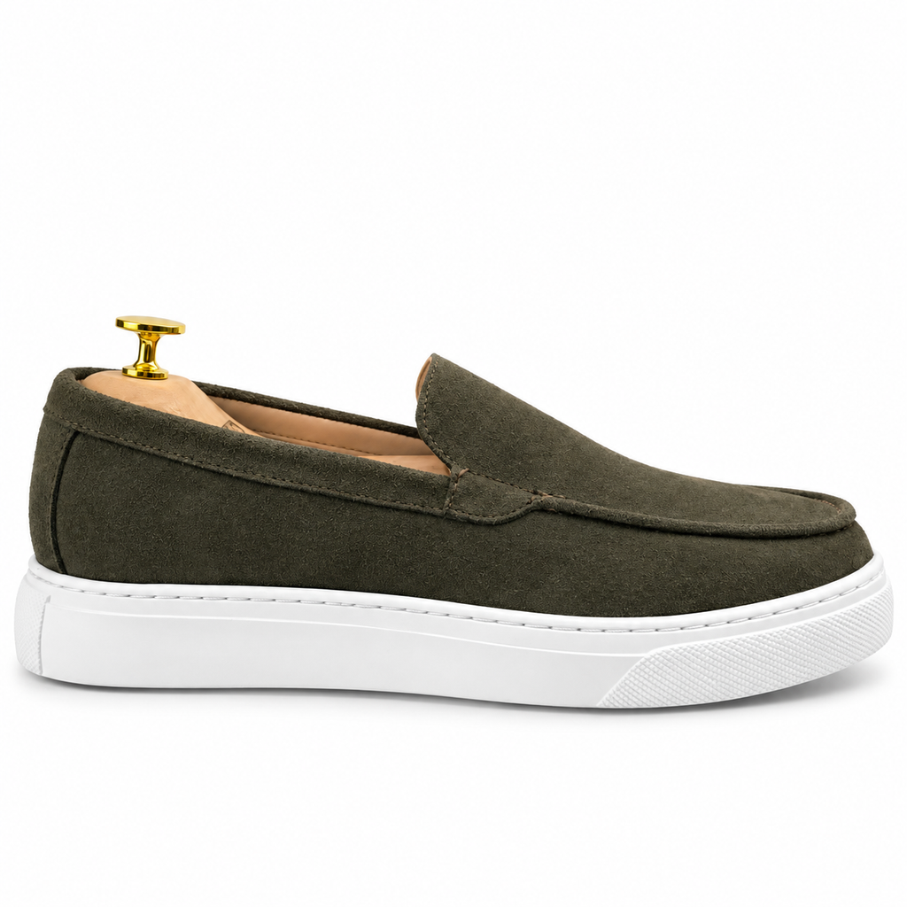 0108 Chaussures Homme Mocassins sports en cuir daim vert olive foncé