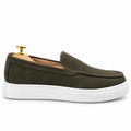 0108 Chaussures Homme Mocassins sports en cuir daim vert olive foncé