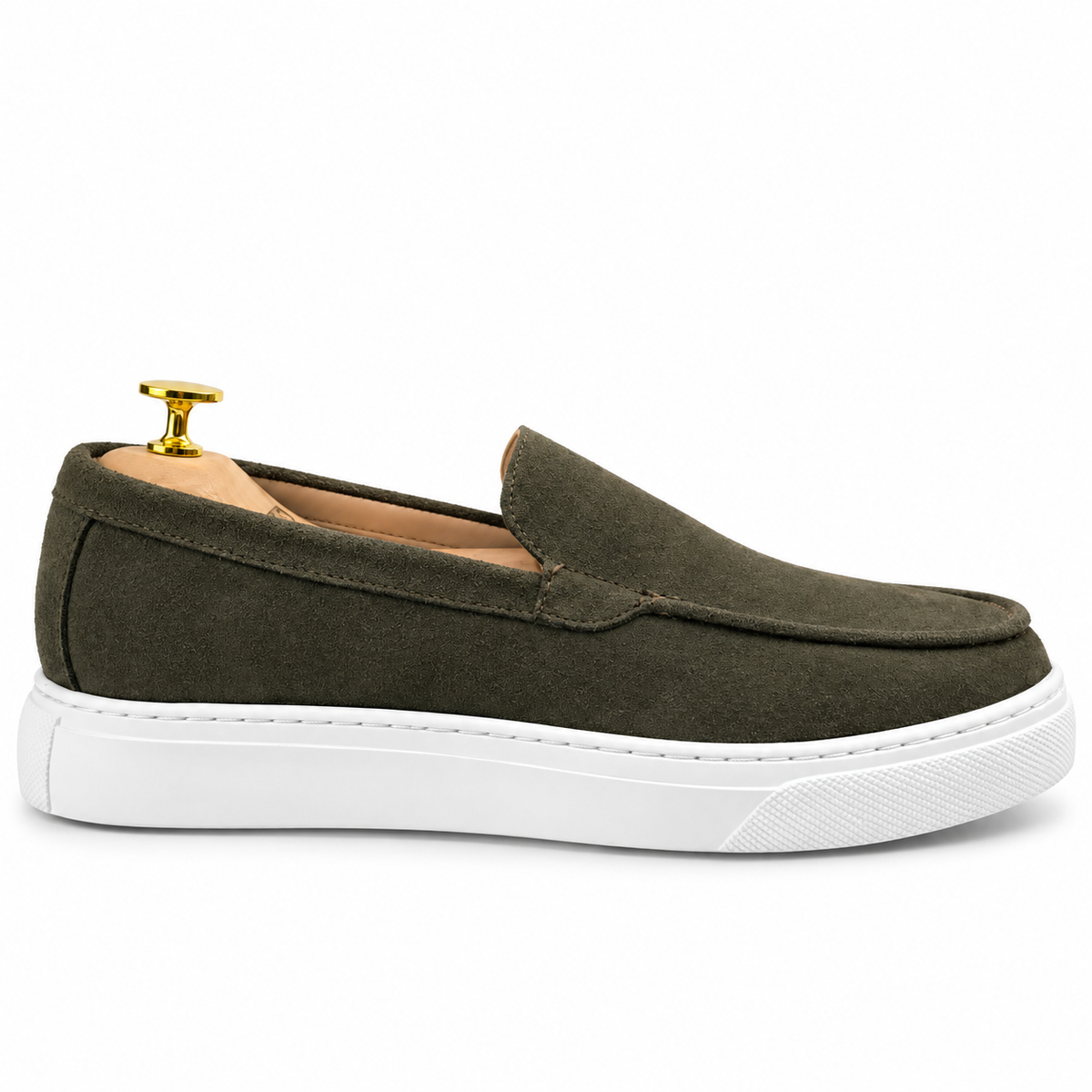 0108 Chaussures Homme Mocassins sports en cuir daim vert olive foncé