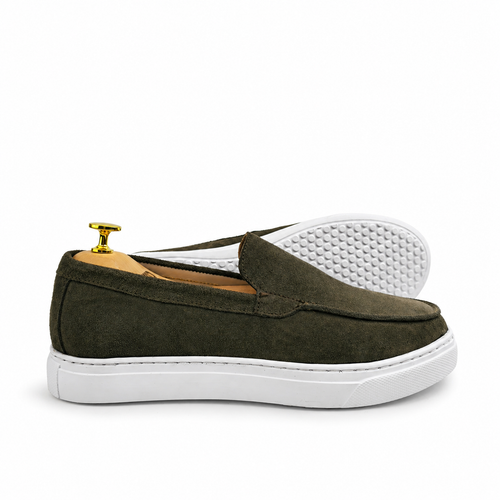 0108 Chaussures Homme Mocassins sports en cuir daim vert olive foncé