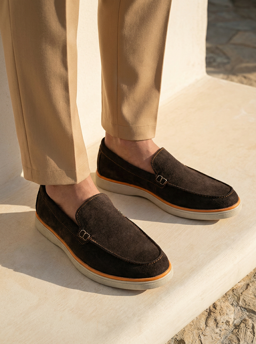 0112 Mocassins Homme en cuir daim marron