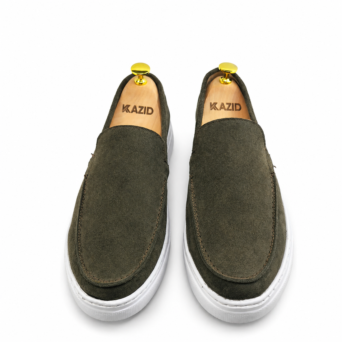 0108 Chaussures Homme Mocassins sports en cuir daim vert olive foncé