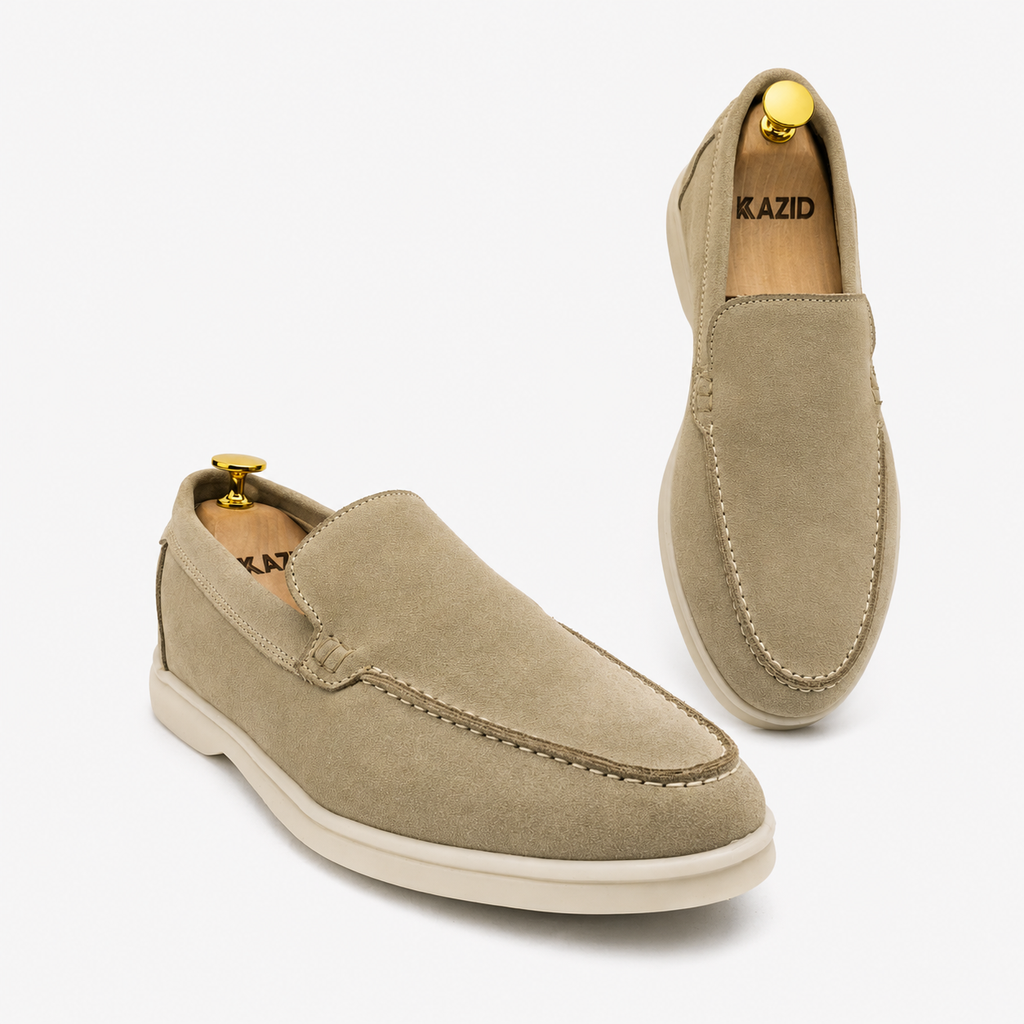 0110 Chaussures Homme Mocassins sports en cuir daim biege