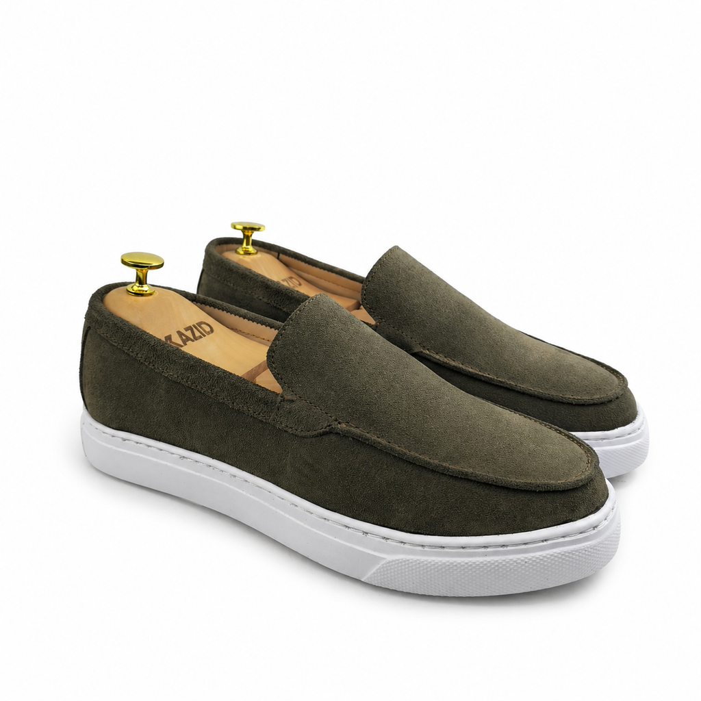0108 Chaussures Homme Mocassins sports en cuir daim vert olive foncé