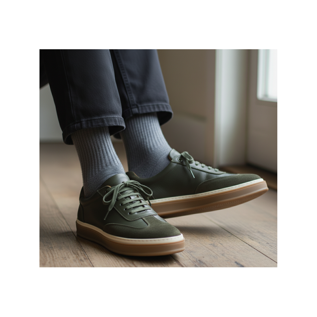 Sneaker Homme en Cuir Kaki 0235 | Lemusc.ma