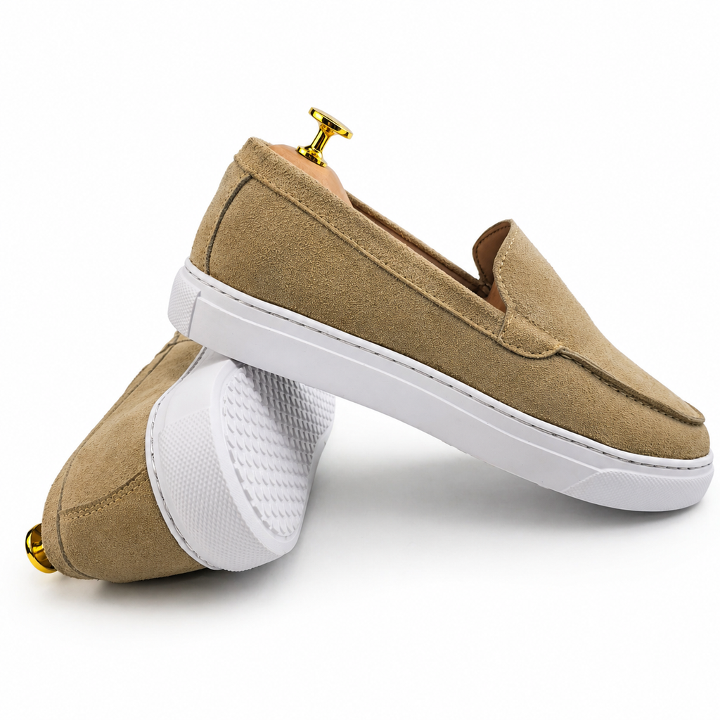 0108 Chaussures Homme Mocassins sports en cuir daim biege
