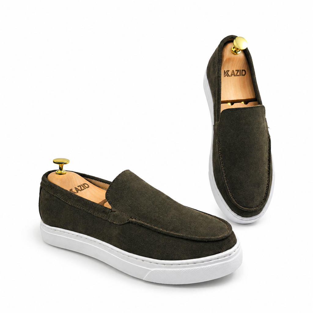 0108 Chaussures Homme Mocassins sports en cuir daim vert olive foncé