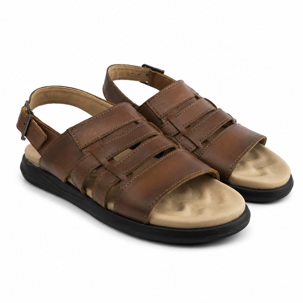 063 sandale confort en cuir homme tabac