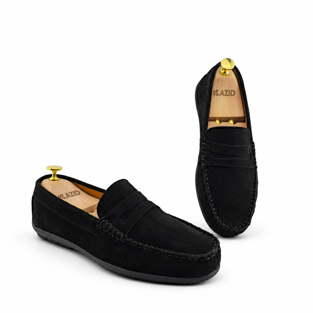 046 Chaussures Homme Mocassins sports en cuir noir daim