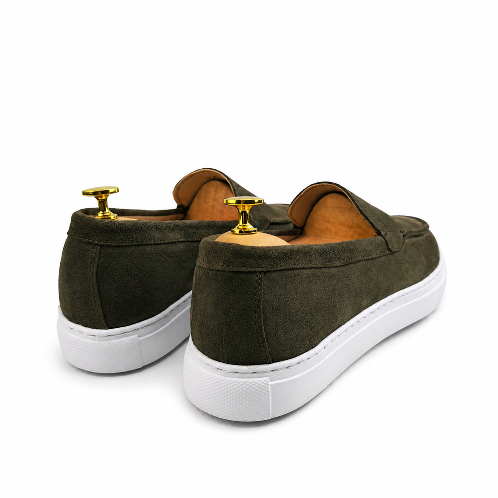 0108 Chaussures Homme Mocassins sports en cuir daim vert olive foncé