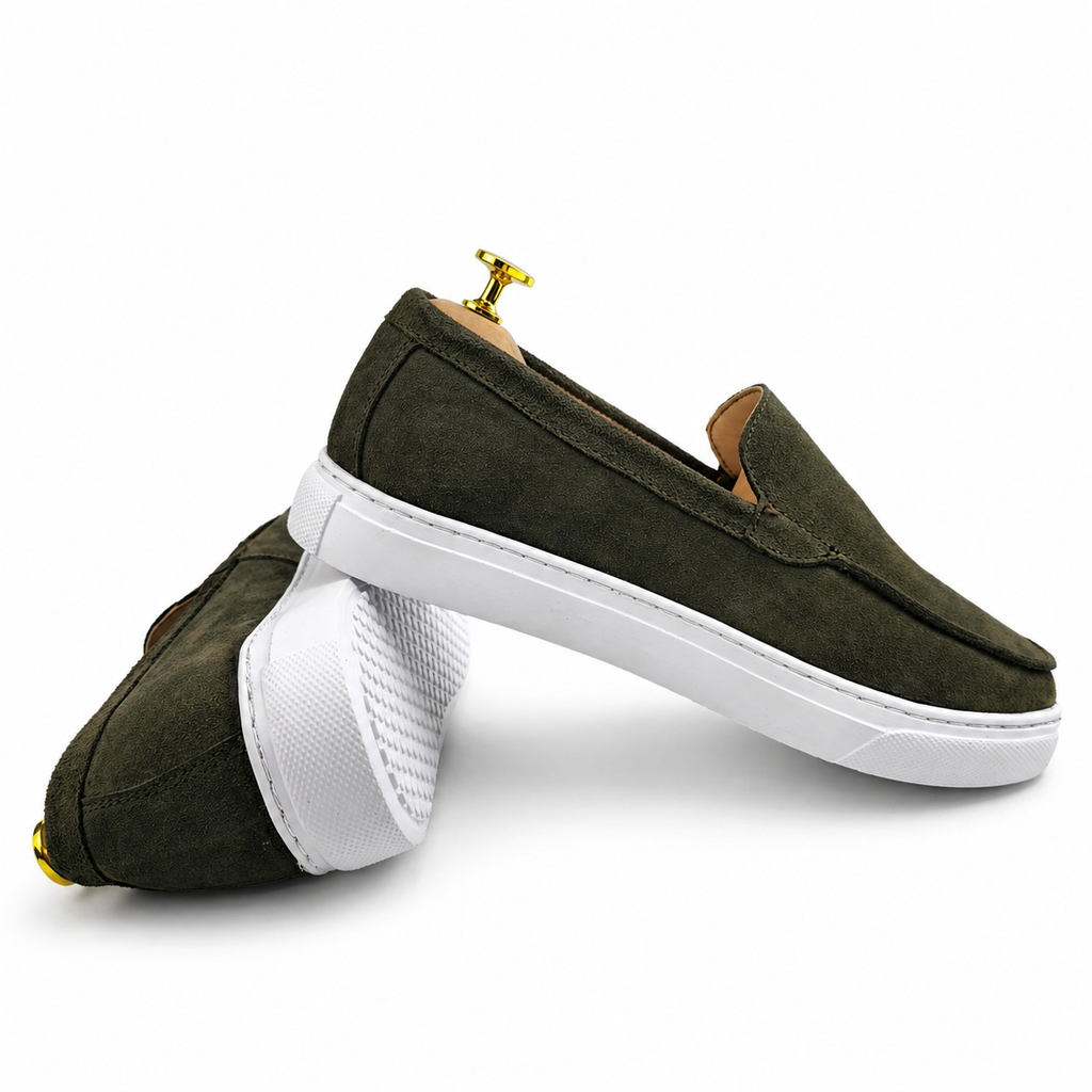0108 Chaussures Homme Mocassins sports en cuir daim vert olive foncé