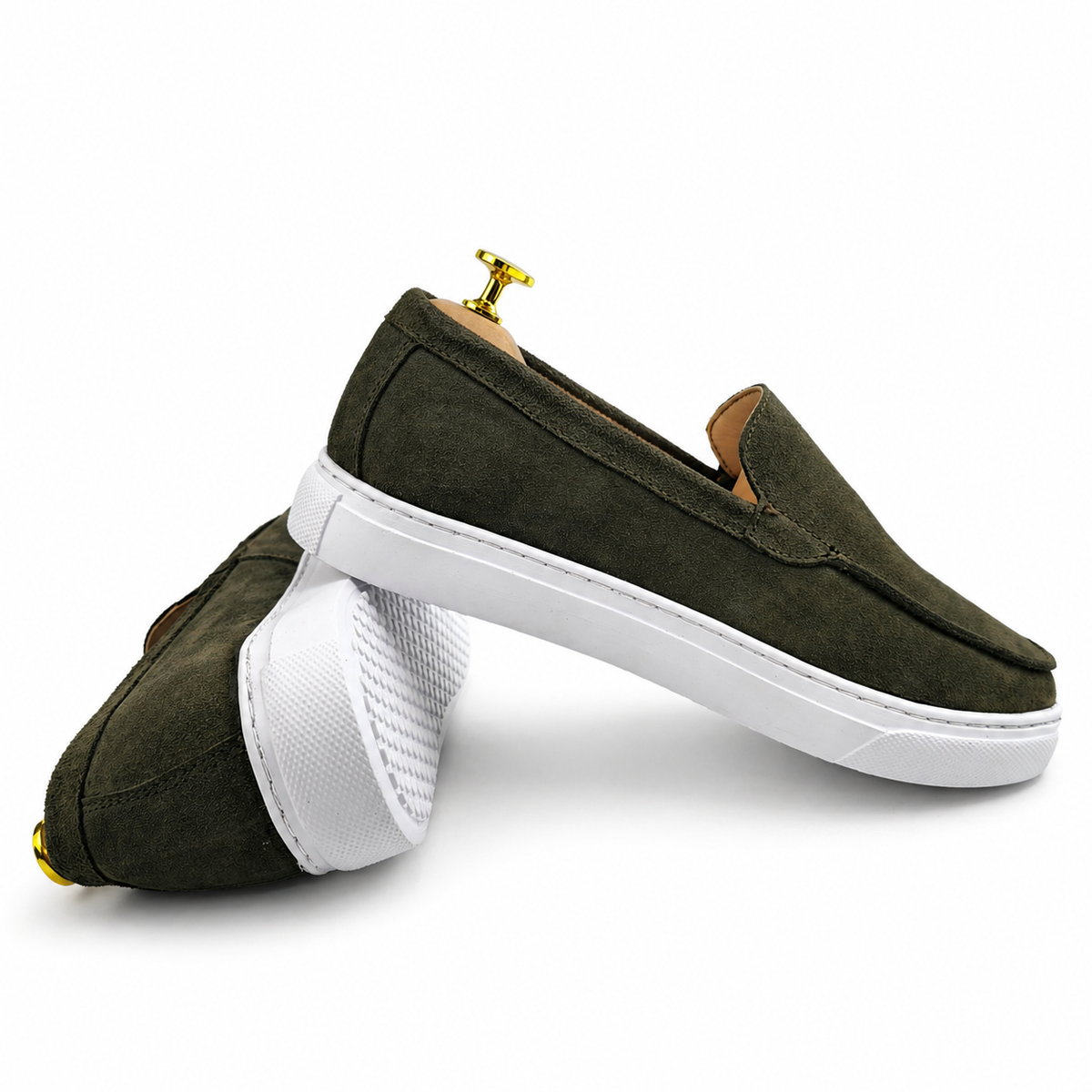 0108 Chaussures Homme Mocassins sports en cuir daim vert olive foncé
