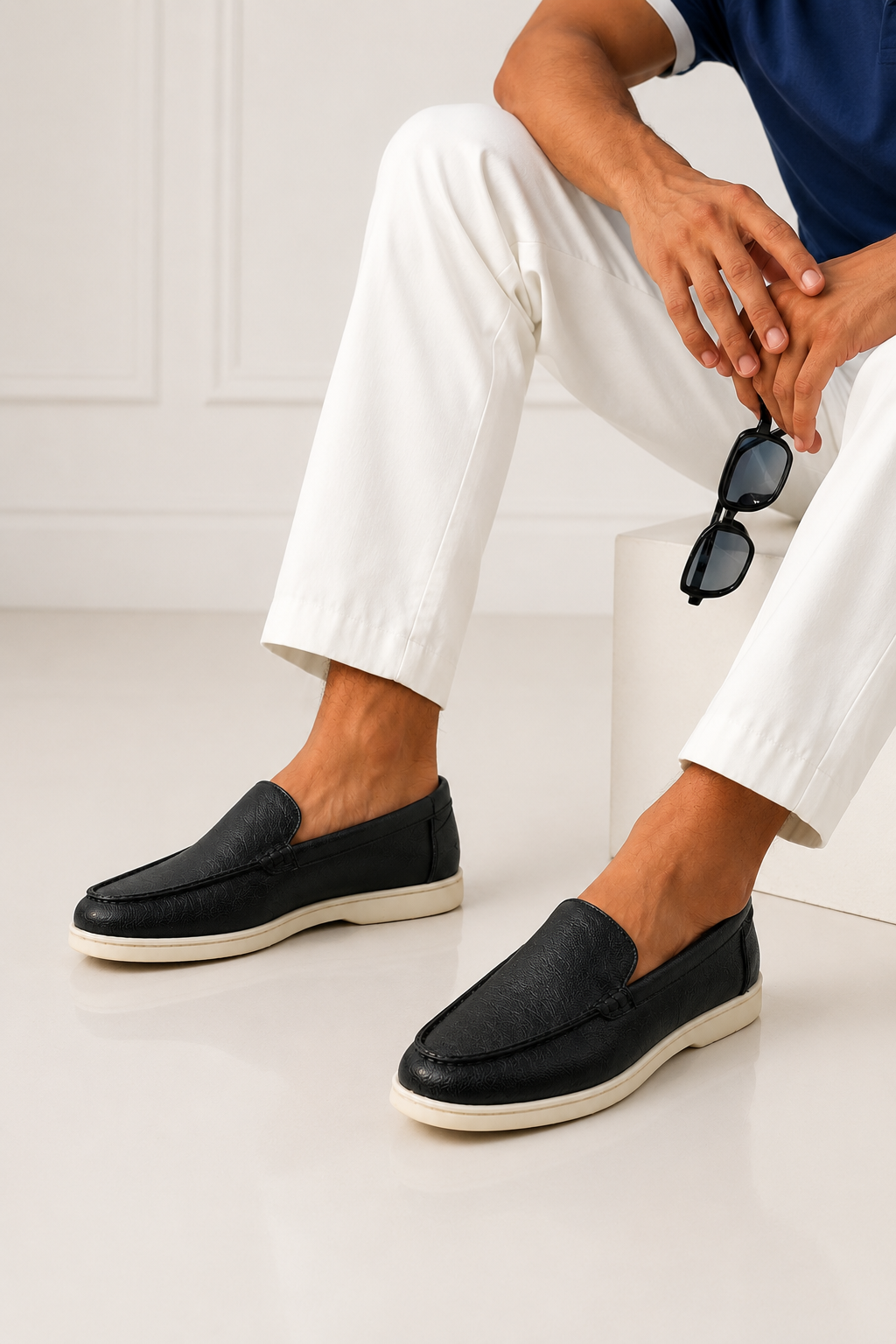0110c Chaussures Homme Mocassins sports en cuir noir