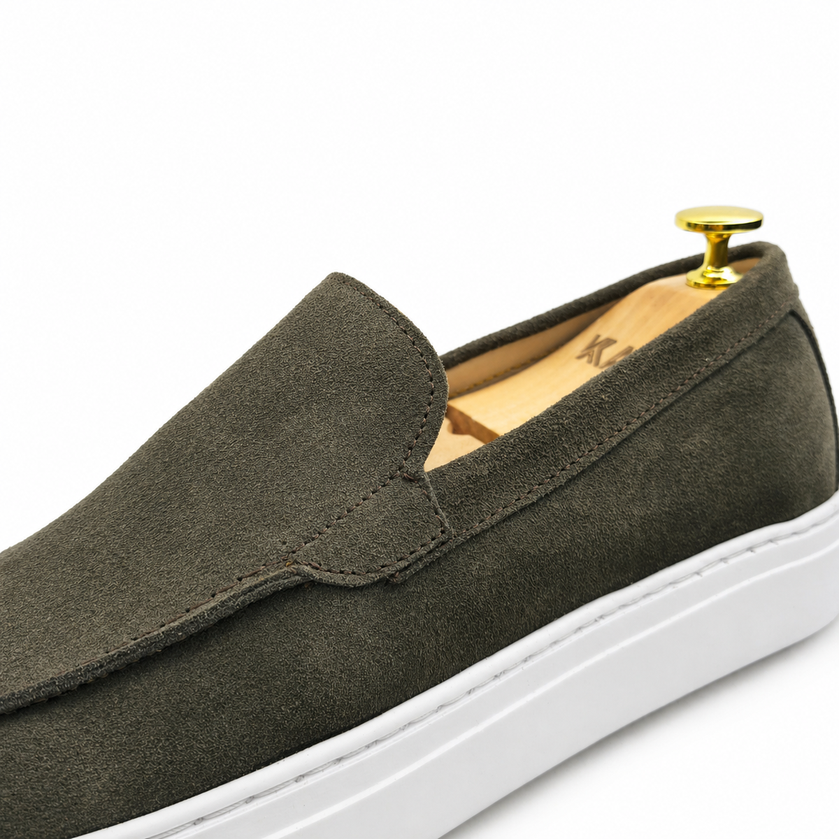 0108 Chaussures Homme Mocassins sports en cuir daim vert olive foncé
